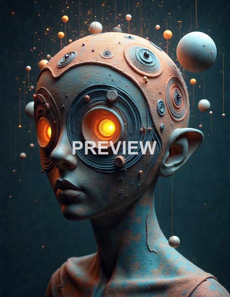 A surreal digital artwork featuring a humanoid figure with a textured face and head, with glowing, circular eyes and numerous small planets and spheres orbiting around and attached to the head, resembling a cosmic or planetary theme.
